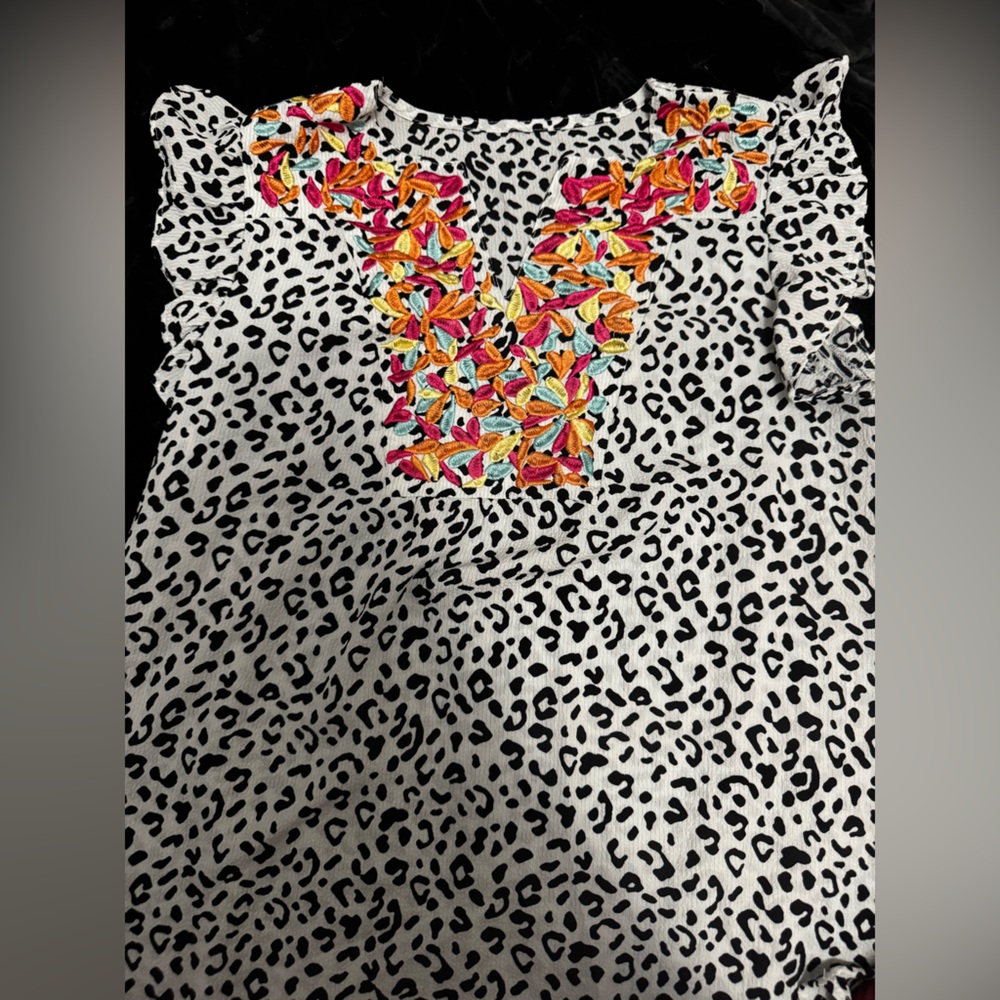 Embroidered Black and White Leopard Print Top